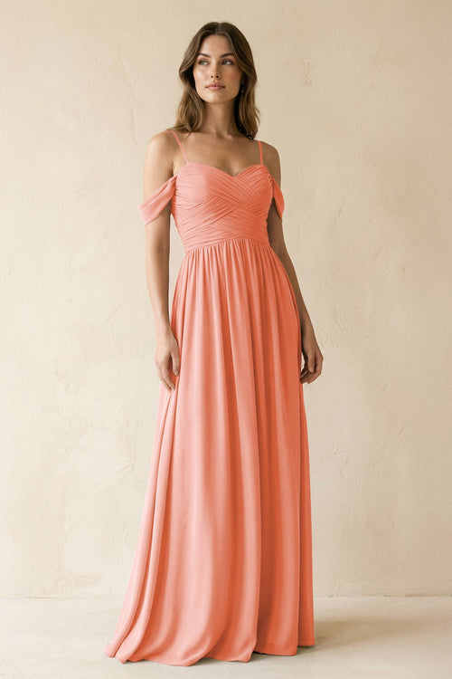 A-Line Off-the-Shoulder Pleated Chiffon Bridesmaid Dress in Rosette - SHE IS ME BRIDESMAID DRESSES