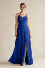 Pleated A-Line Long Chiffon Bridesmaid Dress in Royal Blue