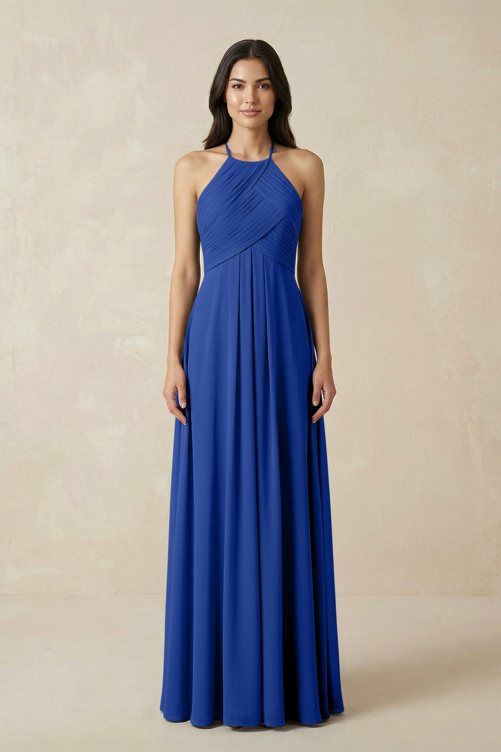 A-Line Halter Neck Pleated Chiffon Bridesmaid Dress in Royal Blue - KISS BRIDAL BRIDESMAID DRESSES