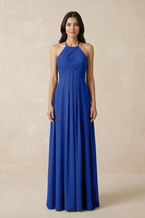 A-Line Halter Neck Pleated Chiffon Bridesmaid Dress in Royal Blue - KISS BRIDAL BRIDESMAID DRESSES