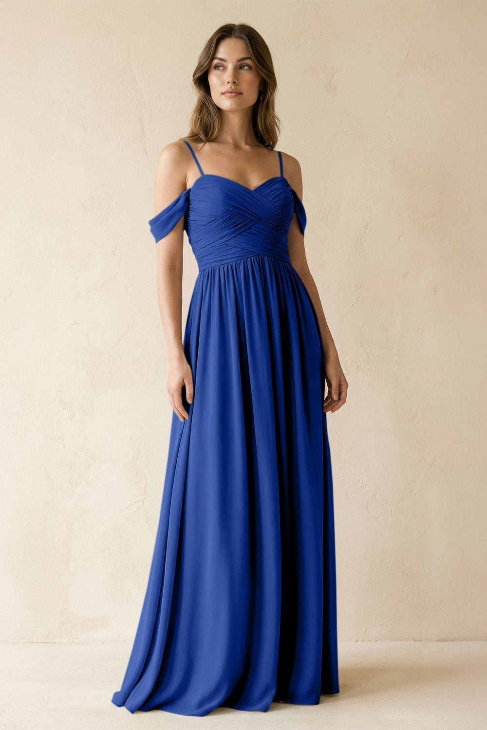 A-Line Off-the-Shoulder Pleated Chiffon Bridesmaid Dress in Royal Blue - KISS BRIDAL BRIDESMAID DRESSES