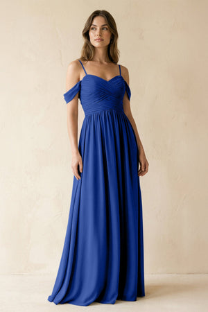 A-Line Off-the-Shoulder Pleated Chiffon Bridesmaid Dress in Royal Blue - SHE IS ME BRIDESMAID DRESSES
