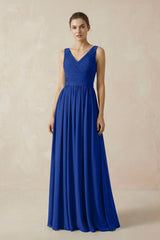 A-Line V-Neck Pleated Chiffon Bridesmaid Dress in Royal Blue - KISS BRIDAL BRIDESMAID DRESSES