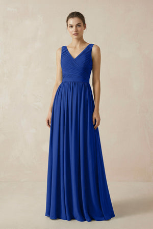 A-Line V-Neck Pleated Chiffon Bridesmaid Dress in Royal Blue - SHE IS ME BRIDESMAID DRESSES