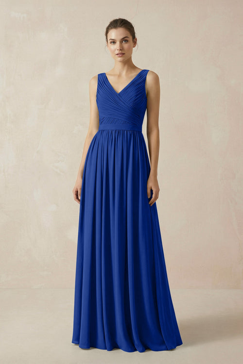 A-Line V-Neck Pleated Chiffon Bridesmaid Dress in Royal Blue - SHE IS ME BRIDESMAID DRESSES