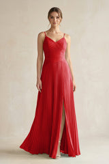 Pleated A-Line Long Chiffon Bridesmaid Dress in Ruby Red