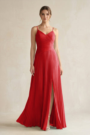 Pleated A-Line Long Chiffon Bridesmaid Dress in Ruby Red