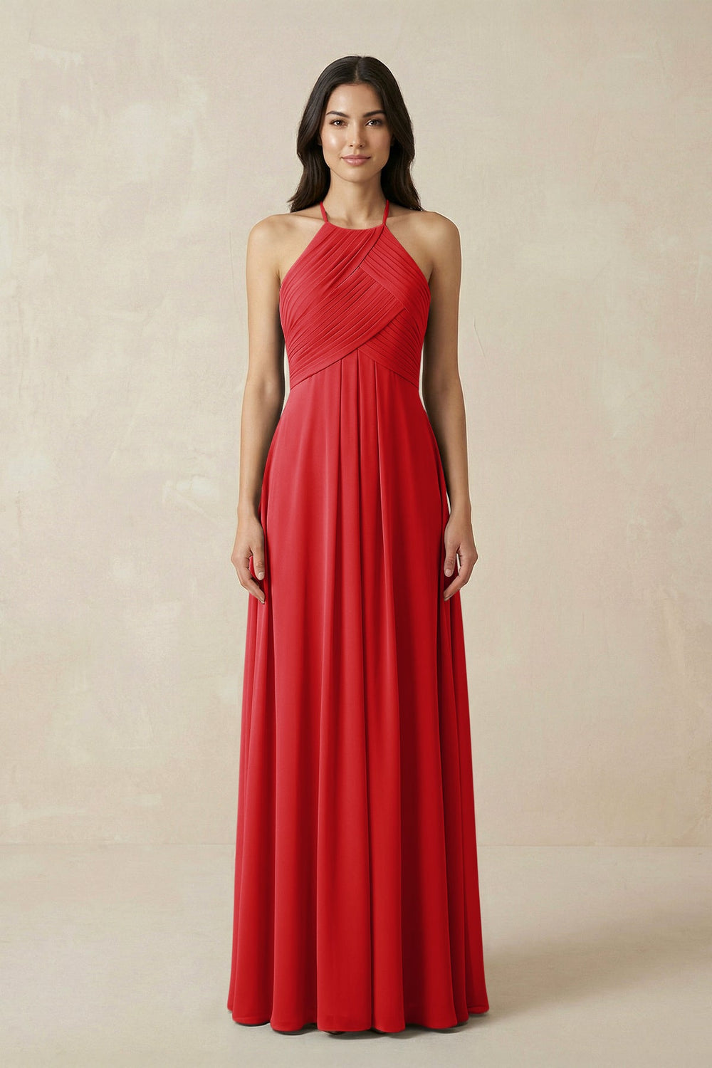 A-Line Halter Neck Pleated Chiffon Bridesmaid Dress in Ruby Red - KISS BRIDAL BRIDESMAID DRESSES