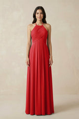 A-Line Halter Neck Pleated Chiffon Bridesmaid Dress in Ruby Red - KISS BRIDAL BRIDESMAID DRESSES