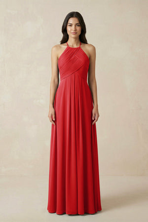 A-Line Halter Neck Pleated Chiffon Bridesmaid Dress in Ruby Red - SHE IS ME BRIDESMAID DRESSES