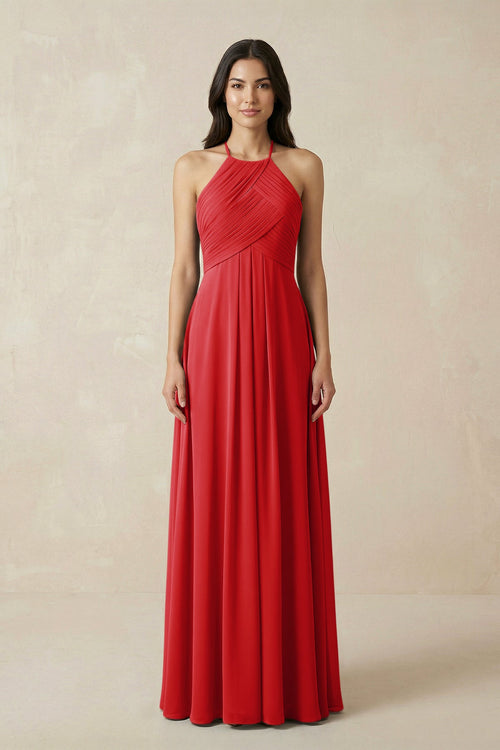 A-Line Halter Neck Pleated Chiffon Bridesmaid Dress in Ruby Red - SHE IS ME BRIDESMAID DRESSES