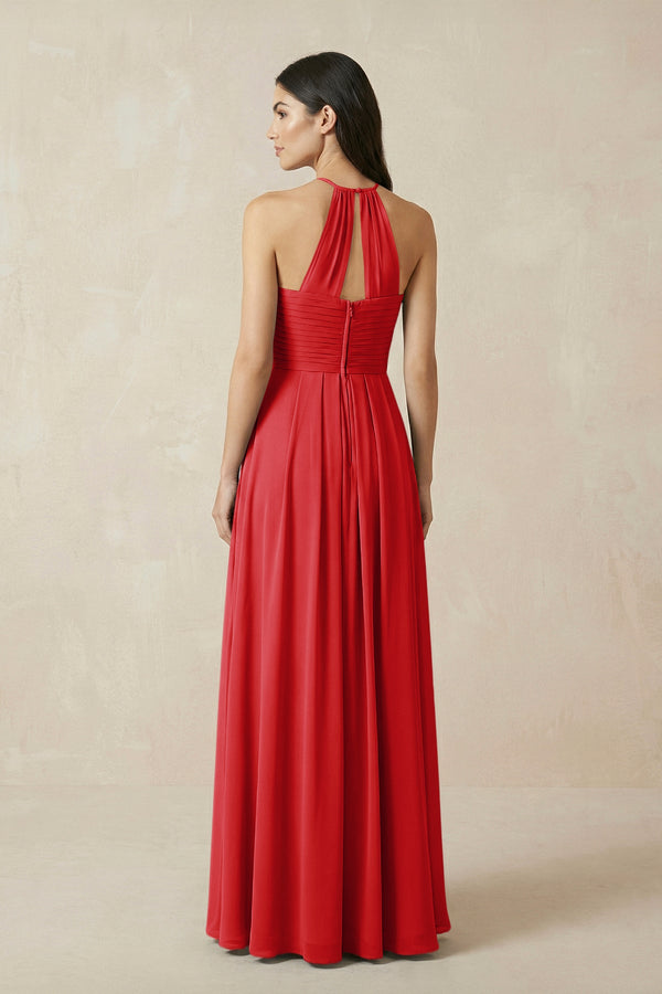 A-Line Halter Neck Pleated Chiffon Bridesmaid Dress in Ruby Red - SHE IS ME BRIDESMAID DRESSES