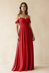 A-Line Off-the-Shoulder Pleated Chiffon Bridesmaid Dress in Ruby Red - KISS BRIDAL BRIDESMAID DRESSES