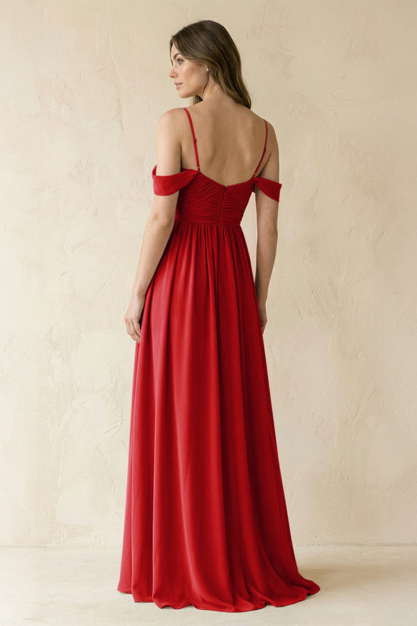 A-Line Off-the-Shoulder Pleated Chiffon Bridesmaid Dress in Ruby Red - SHE IS ME BRIDESMAID DRESSES