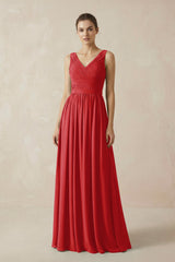 A-Line V-Neck Pleated Chiffon Bridesmaid Dress in Ruby Red - KISS BRIDAL BRIDESMAID DRESSES