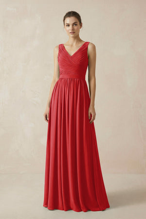 A-Line V-Neck Pleated Chiffon Bridesmaid Dress in Ruby Red - SHE IS ME BRIDESMAID DRESSES