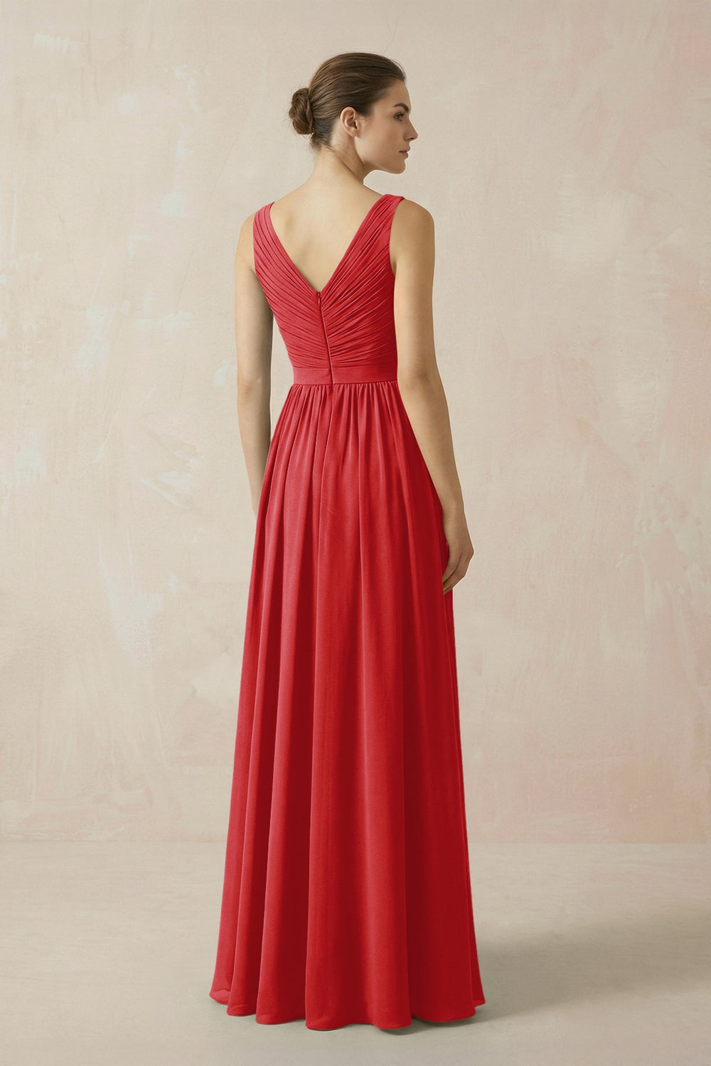 A-Line V-Neck Pleated Chiffon Bridesmaid Dress in Ruby Red - KISS BRIDAL BRIDESMAID DRESSES