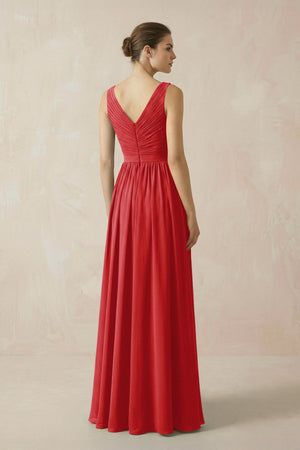 A-Line V-Neck Pleated Chiffon Bridesmaid Dress in Ruby Red - SHE IS ME BRIDESMAID DRESSES