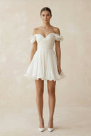 Pleated Ruffled Off - the - Shoulder A - Line Mini Wedding Dress in White - SHE IS ME Wedding Dresses