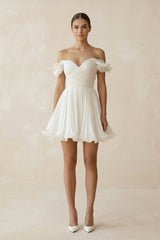 Pleated Ruffled Off - the - Shoulder A - Line Mini Wedding Dress in White - KISS BRIDAL Wedding Dresses