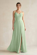 Pleated A-Line Long Chiffon Bridesmaid Dress in Sage