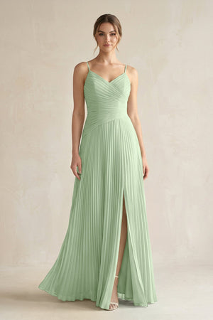 Pleated A-Line Long Chiffon Bridesmaid Dress in Sage