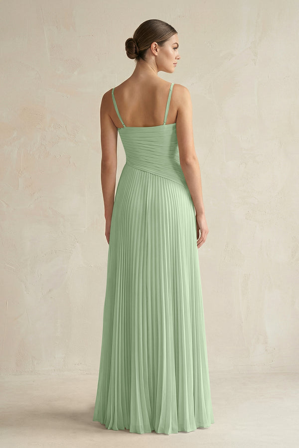 Pleated A-Line Long Chiffon Bridesmaid Dress in Sage