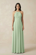 A-Line Halter Neck Pleated Chiffon Bridesmaid Dress in Sage - KISS BRIDAL BRIDESMAID DRESSES