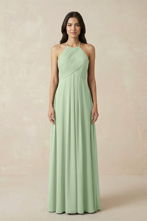 A-Line Halter Neck Pleated Chiffon Bridesmaid Dress in Sage - KISS BRIDAL BRIDESMAID DRESSES