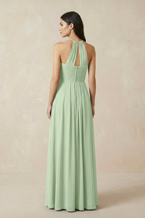 A-Line Halter Neck Pleated Chiffon Bridesmaid Dress in Sage - KISS BRIDAL BRIDESMAID DRESSES