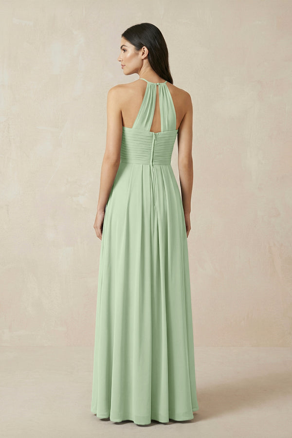 A-Line Halter Neck Pleated Chiffon Bridesmaid Dress in Sage - KISS BRIDAL BRIDESMAID DRESSES