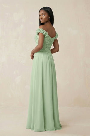 Pleated Off-the-Shoulder A-Line Chiffon Bridesmaid Dress in Sage - SHE IS ME BRIDESMAID DRESSES