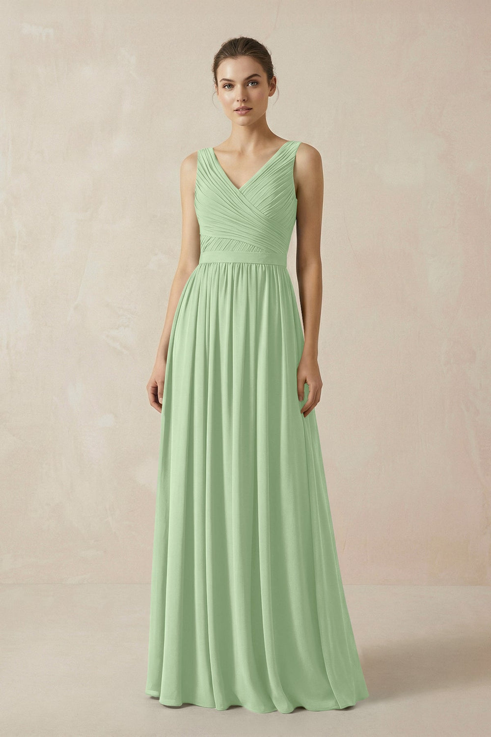 A-Line V-Neck Pleated Chiffon Bridesmaid Dress in Sage - KISS BRIDAL BRIDESMAID DRESSES