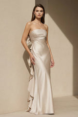 Pleated Satin Maxi Dress with Bowknot in Champagne - KISS BRIDAL