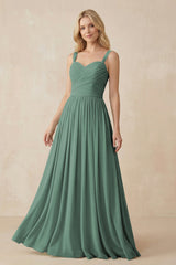 A-Line Pleated Long Chiffon Bridesmaid Dress in Sea Glass - KISSBRIDAL