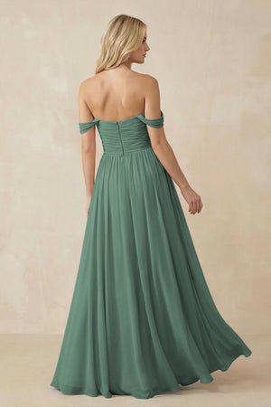 A-Line Pleated Long Chiffon Bridesmaid Dress in Sea Glass - KISSBRIDAL