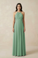 A-Line Halter Neck Pleated Chiffon Bridesmaid Dress in Sea Glass - KISS BRIDAL BRIDESMAID DRESSES