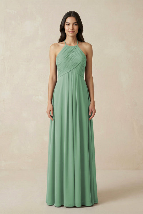 A-Line Halter Neck Pleated Chiffon Bridesmaid Dress in Sea Glass - KISS BRIDAL BRIDESMAID DRESSES