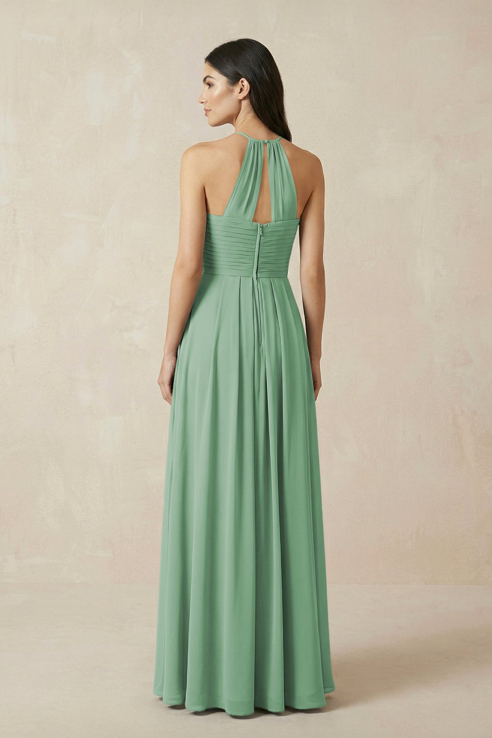 A-Line Halter Neck Pleated Chiffon Bridesmaid Dress in Sea Glass - KISS BRIDAL BRIDESMAID DRESSES