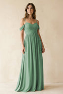 A-Line Off-the-Shoulder Pleated Chiffon Bridesmaid Dress in Sea Glass - SHE IS ME BRIDESMAID DRESSES