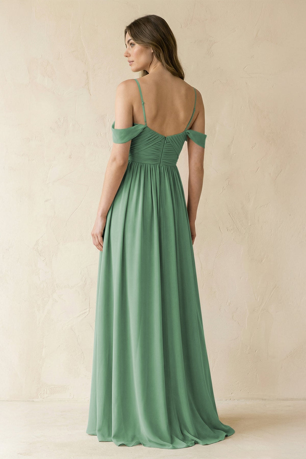 A-Line Off-the-Shoulder Pleated Chiffon Bridesmaid Dress in Sea Glass - KISS BRIDAL BRIDESMAID DRESSES