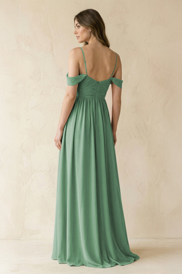 A-Line Off-the-Shoulder Pleated Chiffon Bridesmaid Dress in Sea Glass - SHE IS ME BRIDESMAID DRESSES