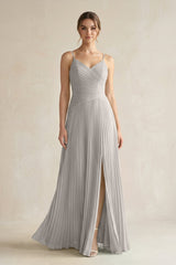 Pleated A-Line Long Chiffon Bridesmaid Dress in Silver
