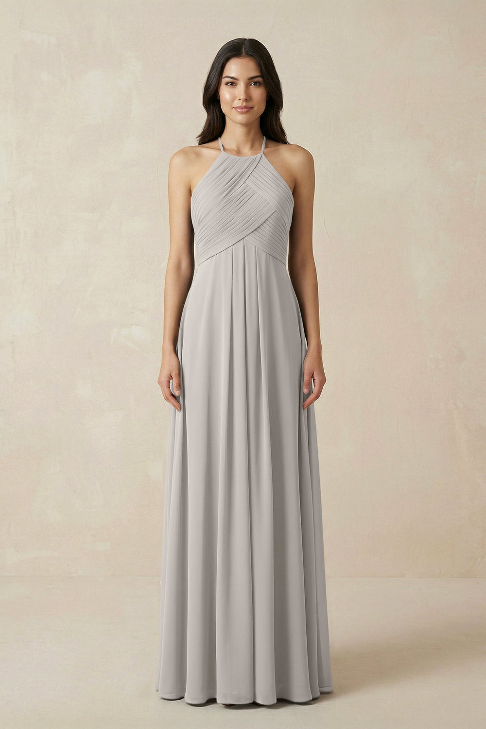 A-Line Halter Neck Pleated Chiffon Bridesmaid Dress in Silver - KISS BRIDAL BRIDESMAID DRESSES