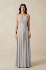 A-Line Halter Neck Pleated Chiffon Bridesmaid Dress in Silver - KISS BRIDAL BRIDESMAID DRESSES