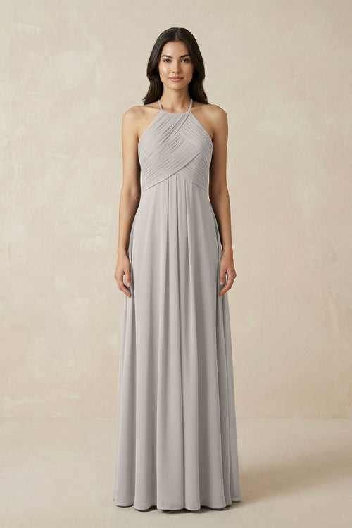 A-Line Halter Neck Pleated Chiffon Bridesmaid Dress in Silver - KISS BRIDAL BRIDESMAID DRESSES