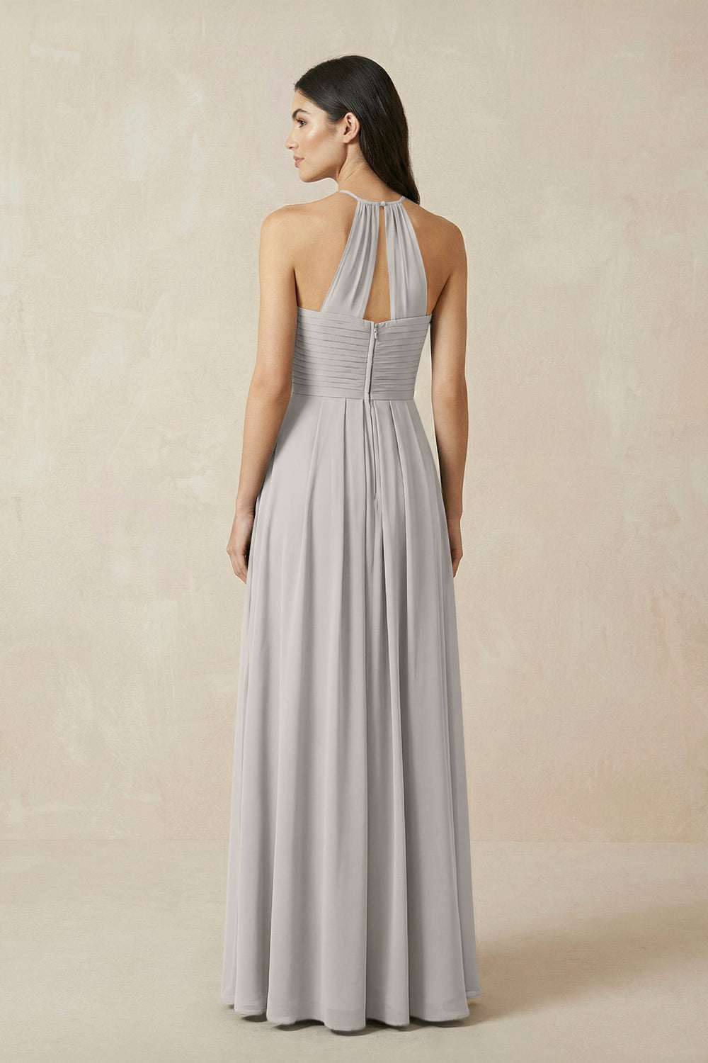 A-Line Halter Neck Pleated Chiffon Bridesmaid Dress in Silver - KISS BRIDAL BRIDESMAID DRESSES