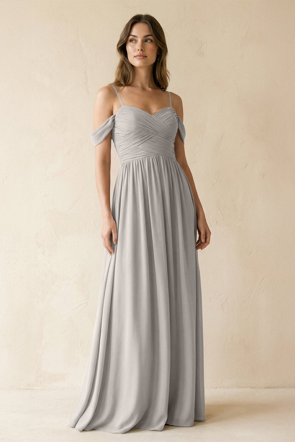 A-Line Off-the-Shoulder Pleated Chiffon Bridesmaid Dress in Silver - KISS BRIDAL BRIDESMAID DRESSES