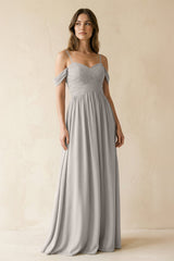 A-Line Off-the-Shoulder Pleated Chiffon Bridesmaid Dress in Silver - KISS BRIDAL BRIDESMAID DRESSES