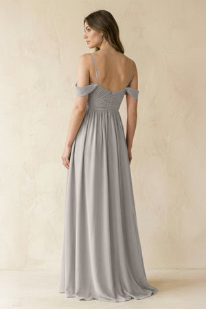 A-Line Off-the-Shoulder Pleated Chiffon Bridesmaid Dress in Silver - SHE IS ME BRIDESMAID DRESSES